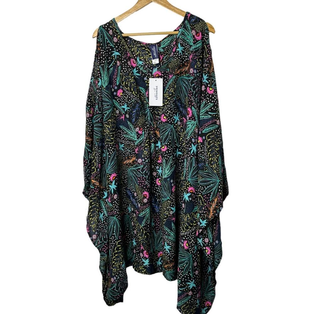 Swimsuits For All Women's 38/40 Lightweight Black Tropical Print Cover Up New